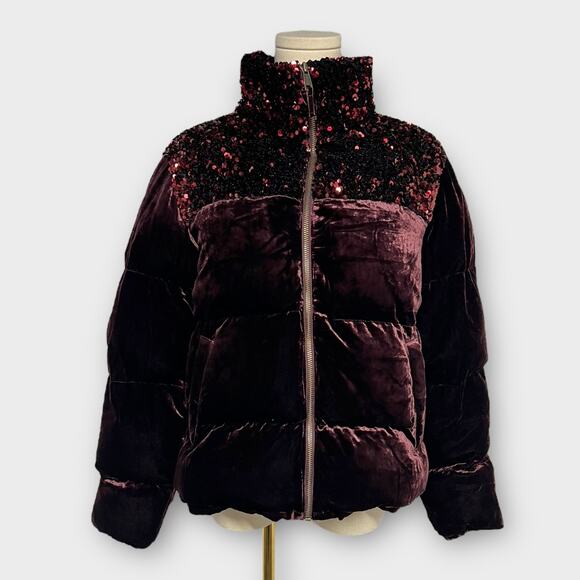 Maeve Vera Sequined Velvet Puffer Jacket Bordeaux Wine Size Small NEW - Picture 2 of 9